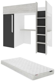 Łóżko antresola 90 x 200 cm z szafą i biurkiem - Kolor: Naturalny i antracytowy + Materac - NICOLAS