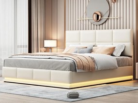 Łóżko z tapicerowanym stelażem 180x200 cm z oświetleniem LED - z ekoskóry - Beżowe