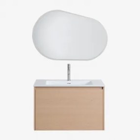 Zestaw Mebli Łazienkowych Z Drewna Z Wbudowaną Umywalką Jacob Naturalna & Owalna Lampa Led I - Sklum