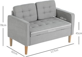 HOMCOM Sofa 2-osobowa z przestrzenią do przechowywania, Pikowana guzikami, Poduszki, Drewno kauczukowe, 117x62x78cm, Jasnoszary