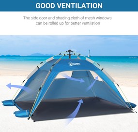 Outsunny Namiot plażowy Pop-up, rama z włókna szklanego, 4 kieszenie, okna z siatki, elastyczny, Niebieski