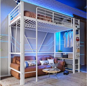 Łóżko piętrowe 90x200 cm - Łóżko dziecięce z 4 szufladami i drążkiem na ubrania - biały metal - materac nie jest wliczony w cenę