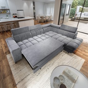 Masseno Narożnik MORIVA z funkcją spania i pojemnikiem na pościel Narozniki L, Rozkładana sofa - Jasnoszary, MONOLITH 84