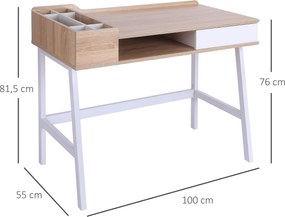 HOMCOM Biurko komputerowe z 6 półkami i szufladą Szeroki blat Naturalny kolor Idealne do nauki i pracy 100x55x815cm | Aosom PL