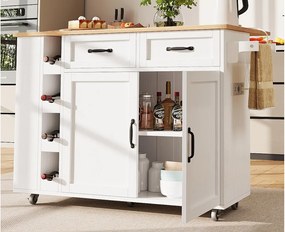 Wyspa kuchenna - wózek na kółkach z gniazdami - z rozkładanym blatem - 2 drzwi, 2 szuflady i wino - Biały