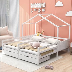 Łóżko kabinowe 2 x 90 x 200 cm z 2 szufladami - Drewno sosnowe i płyta MDF - Barierki i dno listwowe - białe