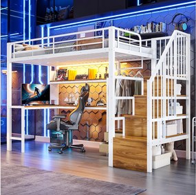 Metalowe łóżko piętrowe dla dzieci - 90 x 200 cm - z 2 szufladami + szafa + oświetlenie LED + biurko + drabinka - białe