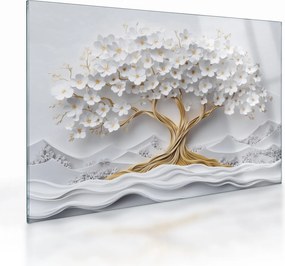 Obraz na szkle – Eleganckie drzewo życia 3D pełne kwiatów (70x50 cm)