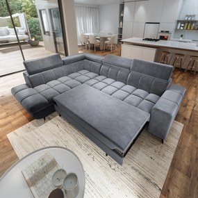 Masseno Narożnik MORIVA z funkcją spania i pojemnikiem na pościel Narozniki L, Rozkładana sofa - Szary, MONOLITH 85