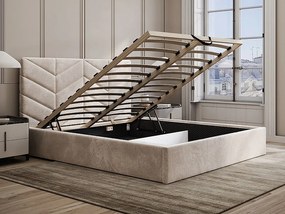 Łóżko ze skrzynią 200 x 200 cm - Tkanina teksturowana - Kremowy + Materac - JUSTANI