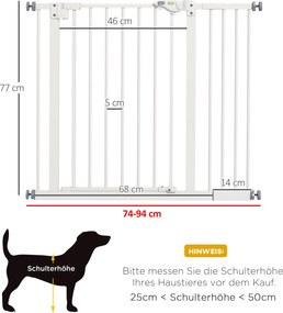 PawHut Bramka zabezpieczająca dla psów, bramka oddzielająca, bramka dla zwierząt domowych, Metal, Plastik, 74-80/87-94 cm, Biały