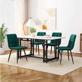 Zestaw stół i krzesła 120 x 70 cm - czarne nogi i biały blat - z 4 ciemnozielonymi aksamitnymi krzesłami