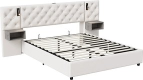 Łóżko tapicerowane 160x200cm z USB i lampką do czytania, łóżko małżeńskie z pojemnikiem, aksamit, beż