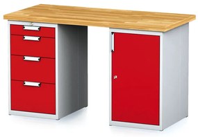Stół warsztatowy MECHANIC, 1500x685x880 mm, 1x 4 szufladowy kontener, 2x szafka, szary/czerwony