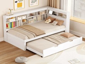 Łóżko banquette 90x200cm z drewna - z łóżkiem wysuwanym 90x190cm i gniazdem USB - 10 przegród - Białe