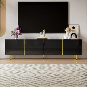Czarna szafka RTV z 4 drzwiami na wysoki połysk i złotymi nogami - do salonu i biura
