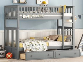 Łóżko piętrowe drewniane z szufladami i drabinką - 90x200cm - Szare