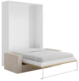 Łóżko chowane w ścianie 160 x 200 cm - Otwieranie pionowe ręczne - Kolor: Naturalny i biały + Kanapa - BEGANIO