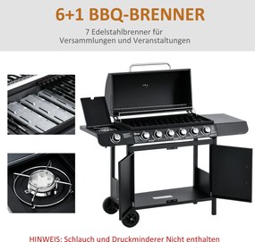 Outsunny Grill gazowy grill na kółkach z 7 palnikami szafka wielofunkcyjny metal czarny