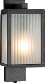 Ogrodowa lampa ścienna czarna z żebrowanym szkłem i czujnikiem zmierzchu - Charlois
