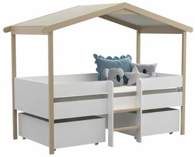 Łóżko w kształcie domku SAROSI z szufladami – 90 × 190 cm – drewno lipowe – kolor biały i dębowy