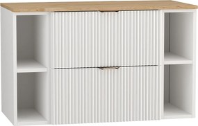 Biały Zestaw Łazienkowy 100cm Szafka Blat Orzech Regały Ryflowane Fronty