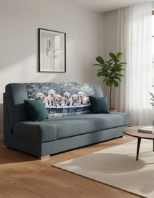 Szara rozkładana wersalka z motywem piesków E6-T79