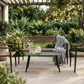 Zestaw mebli ogrodowych pleciony beżowy rama szara ławka, 2 krzesła, stolik