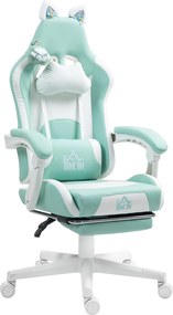 HOMCOM Fotel gamingowy z kocimi uszami, odchylane oparcie, wysuwana podpórka na stopy, nośność do 120 kg, błękit morski
