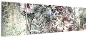 Obraz kwiatów na drewnianym kole (170x50 cm)