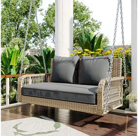 Fotel wiszący 114 cm z rattanu PE - 2 miejsca - Poduszka siedziska 11 cm - Beżowy + szary