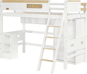 Łóżko mezzanine z drewna - 90x200 cm - z półkami, biurkiem i szafą - Białe