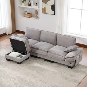 Zestaw wypoczynkowy z tkaniny sztruksowej 3-osobowy - 260 x 132 x 84 cm - z 1 pufem ze schowkiem + portem USB + kieszeniami - jasnoszary