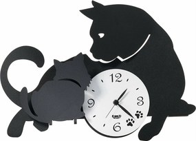 Zegar ścienny Mamma Gatta, 38 x 27 cm, czarne żelazo, wzór kota i kociaka, cichy mechanizm zasilany bateriami, wyprodukowano we Włoszech