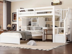 Łóżko piętrowe 90x200 cm - z wbudowanym biurkiem - Przegródki do przechowywania i półki - MDF - Biały (materac nie jest wliczony w cenę)