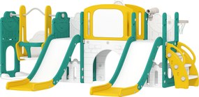 AIYAPLAY 9-w-1 zestaw zjeżdżalni i huśtawki dla maluchów z koszem do koszykówki, teleskopem, tablicą do rysowania, designem żabki, Żółty+Zielony