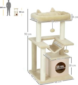 PawHut Drapak dla kota z zabawką, siedziskiem, hamakiem, 48 x 48 x 90 cm, kolor kremowy