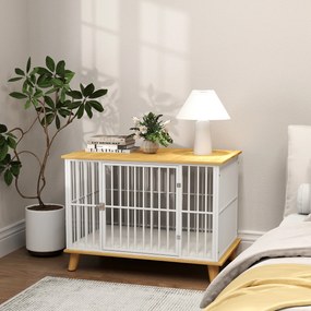 PawHut Klatka dla psa z drzwiami z zamkiem, zdejmowana poduszka, dobra wentylacja, Stal, 86x60x70 cm, Biały+Dąb