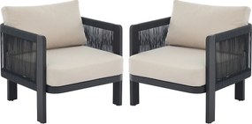 Zestaw 2 aluminiowych foteli ogrodowych z plecionką - Czarne z beżowymi poduszkami - HELYSI od MYLIA