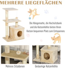 PawHut Drapak dla kotów z zabawką - Centrum rozrywki, pluszowe platformy i jaskinia, beżowy