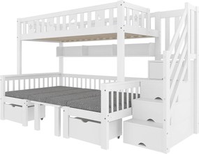Łóżko piętrowe dla dzieci - 90 x 200 cm - łóżko 2 w 1 i biurko + drabinka ze schowkiem + ogrodzenie - drewno - białe