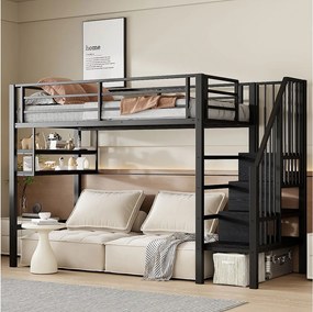 Łóżko piętrowe dla dzieci - 90 x 200 cm - z półkami i drabinką - metal + MDF - czarne