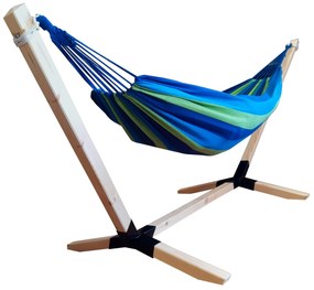 Hamak z drewnianym stelażem ogrodowy dwuosobowy niebieski stelaż do hamaka POLSKI + GRATIS
