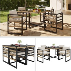 Zestaw wypoczynkowy ogrodowy 4-osobowy, tkany ręcznie - z 4 poduszkami + 1 stolik + 4 fotele - metalowy - beżowy + czarny