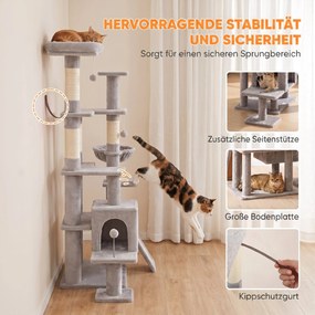 PawHut Duży drapak, 152 cm wysokości, drzewko dla kota ze słupkami do drapania, jaskinia z 2 wejściami, 3 piłeczki, hamak, do 6 kg, jasnoszary | Aosom PL