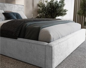 BESILIO Tapicerowane łóżko do sypialni 200x200 Zanzi - stelaż metalowy, pojemnik, ozdobna lamówka, tkanina szenil- Jasnoszary