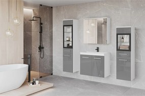 Meble łazienkowe z LED, zestaw wiszący do łazienki z umywalką, 2 słupkami i szafką lustrzaną, korpus biały mat, fronty szary połysk
