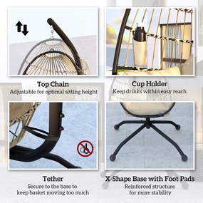 Outsunny Wiszący fotel bujany na zewnątrz ze składanym koszem i grubymi poduszkami, stojak, poduszka pod głowę, uchwyt na kubek, Khaki | Aosom PL