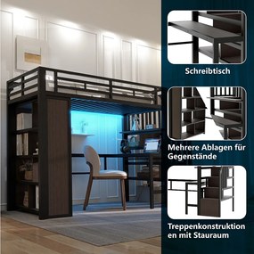 Łóżko piętrowe dla dzieci - 90 x 200 cm - rama żeliwna - z biurkiem + regałem + oświetleniem LED + drabinką - metalowe - czarne