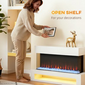 HOMCOM Kominek elektryczny z 11 kolorami płomieni, 10 kolorami kryształowego podłoża, 1000W/2000W, pilot, uniwersalny, Biały